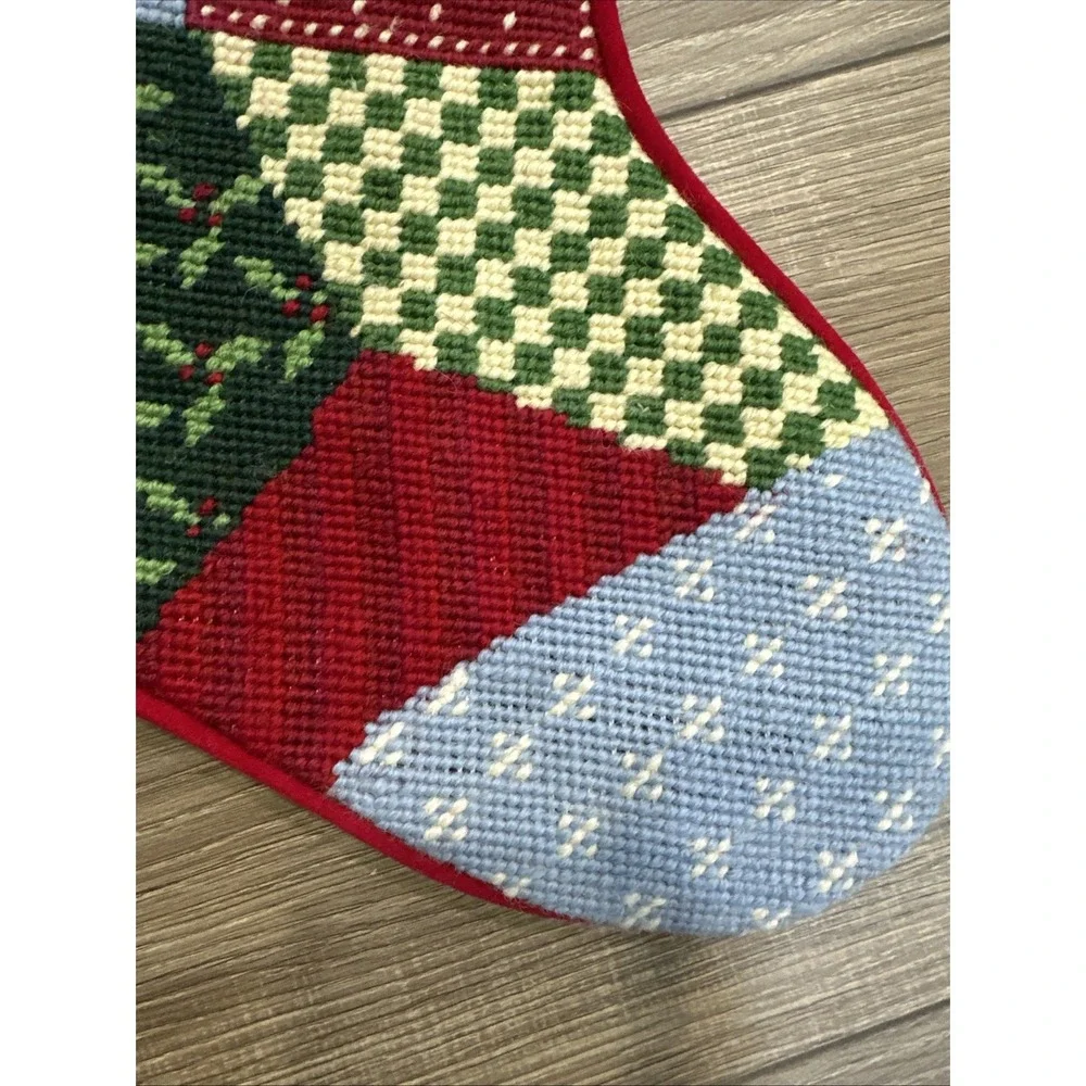 Land's End Vtg Needlepoint Christmas‎ Stocking Patchwork Customize NICOLET 18
